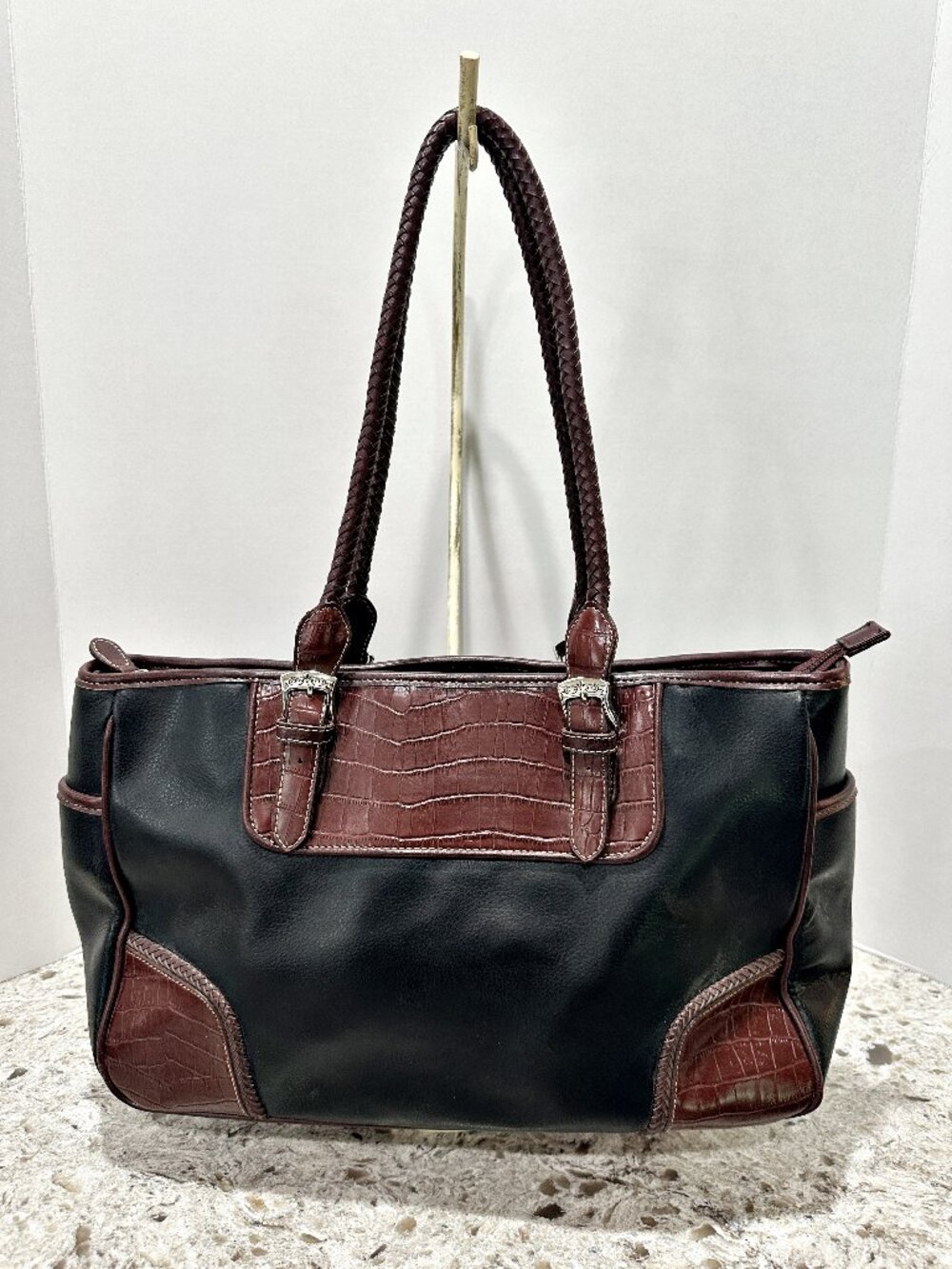 Marlo Y2K Shoulder Bag Black Brown Faux Croc Western BOHO Braided Tote Purse 16"